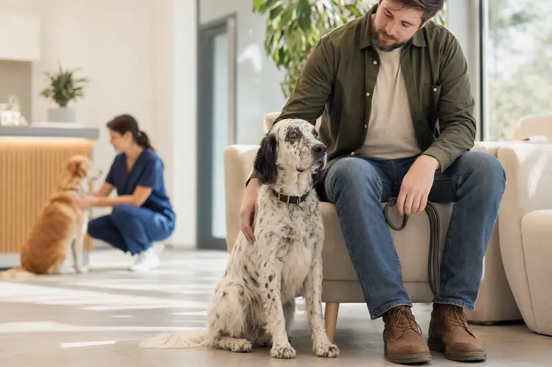 Ein English Setter sitzt ruhig neben seinem Besitzer im hellen Wartezimmer einer modernen Tierarztpraxis.